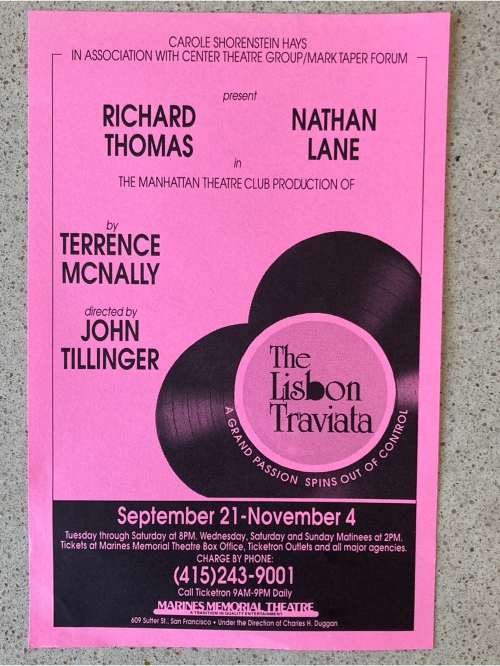 1 Sided Flyer The Lisbon Traviata 5X8 NATHAN LANE RICHARD THOMAS - San Francisco